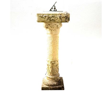 Ornamental concrete sundial, the square top raised on an ornate column with a classical figural frieze, 88cm high.
