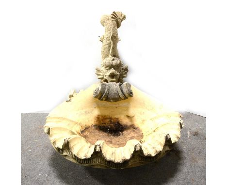 Haddonstone Shell Wall Fountain, shell bowl (lacking under bracket), dolphin spout, width 76cm.