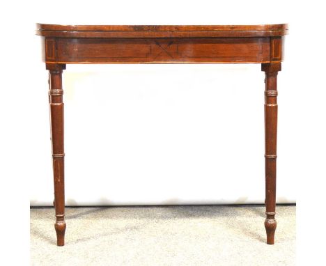 George III mahogany card table, D-shape foldover top, with ebony stringing, similarly decorated frieze, turned and ringed leg