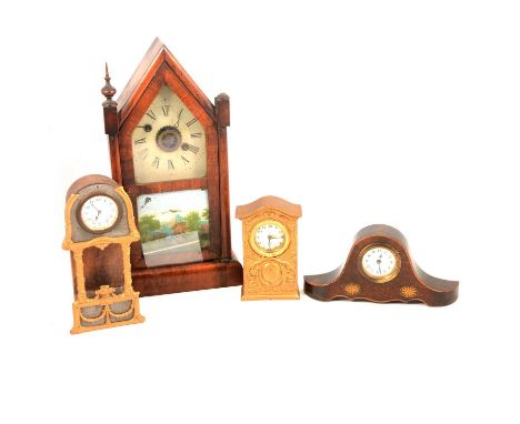 An American shelf clock, 39cm; and three other small mantel clocks.Qty: 4