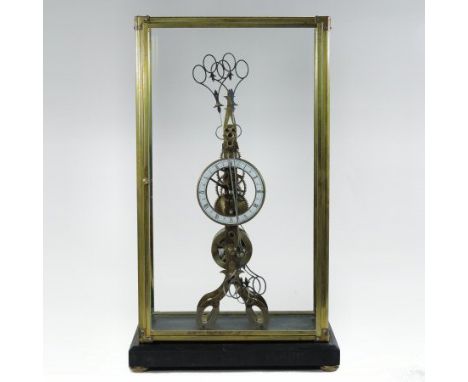 A brass skeleton clock, having an enamelled chapter ring, contained in a glazed case, 52cm tall overall