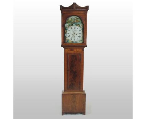 A 19th century mahogany cased longcase clock, the fourteen inch arched dial with Roman hours, painted with scenes of Queen Ma