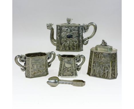 A late 19th century Chinese silver four piece tea service, of canted square shape, relief decorated with figures and landscap