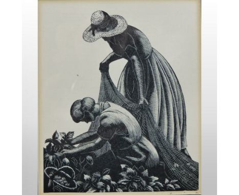 Clare Leighton (*ARR), 1898-1989, British/American, fruit pickers, woodblock print, 13 x 11cm