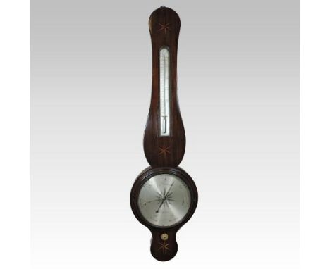 A 19th century mahogany cased wheel barometer, the arched case with stellar and chevron inlay, the trunk inset with a thermom