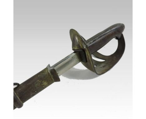An early 20th century sword, having a wooden handle, pierced hilt and steel blade, stamped A230 and scabbard numbered 7723, 1
