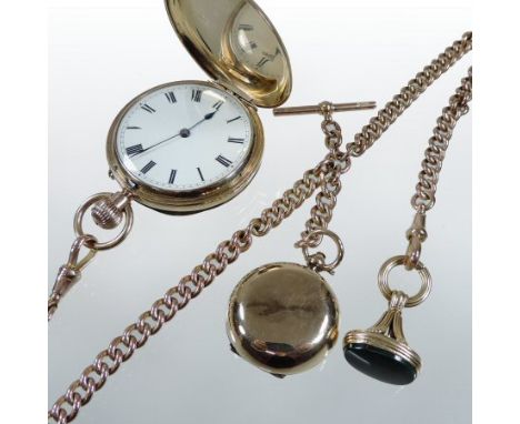 An early 20th century 9 carat gold cased full hunter pocket watch, the white enamel dial with Roman hours, the movement inscr