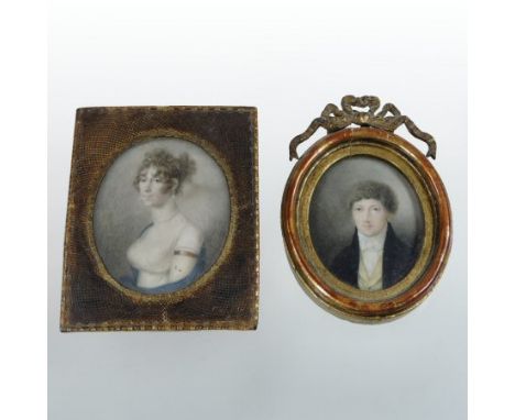 English school, 19th century, a head and shoulders portrait miniature of a young man, oil, oval, 5.5 x 4cm, in a gilt frame, 