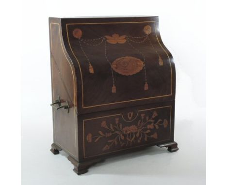 A Dutch style floral marquetry and satinwood inlaid stationery box, with a fitted interior, enclosed by an S shaped hinged li