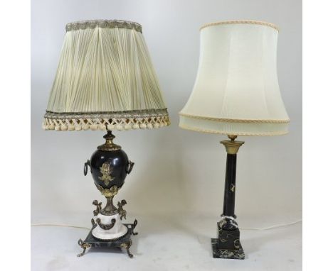 A marble and gilt metal mounted table lamp and shade, in the form of an urn, 87cm tall overall, together with a table lamp an