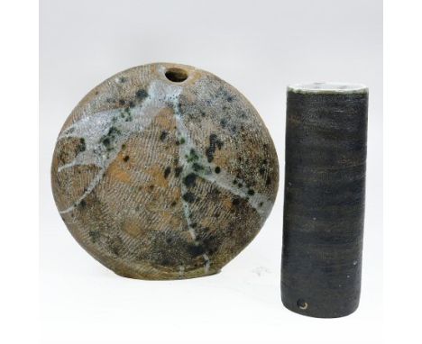 Robert Fournier, 1915-2008, a studio pottery moon flask, impressed mark to base, 23cm tall, together with a cylindrical vase 