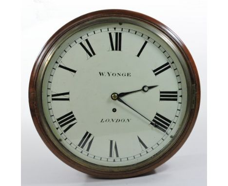 A 19th century mahogany cased dial clock, the white enamel dial signed W. Younge, London, having a fusee movement, 36cm diame