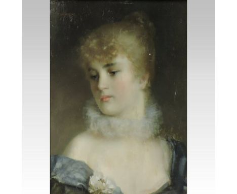 Carl Wunnenberg, 1850-1929, a head and shoulders portrait of a young lady, wearing a blue dress, signed oil on panel, 29 x 21