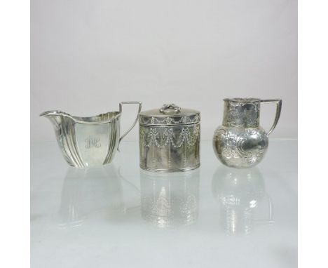 An Edwardian silver box and cover, in the form of a miniature tea caddy, Birmingham 1905, 9cm tall overall, together with two