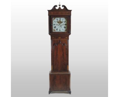 A late George III mahogany and inlaid cased longcase clock, the painted fourteen inch dial, with Roman hours, subsidiary seco