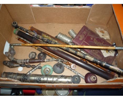 BAMBOO OPIUM PIPES, white metal cylindrical pipes, turned treen opium pipe, cigarette cards, silkes etc 