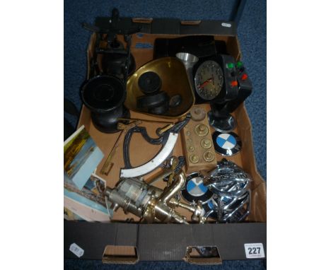 VARIOUS SUNDRIES, 'BMW' and 'NISSAN' BADGES, Salters scales, weights, taps etc 
