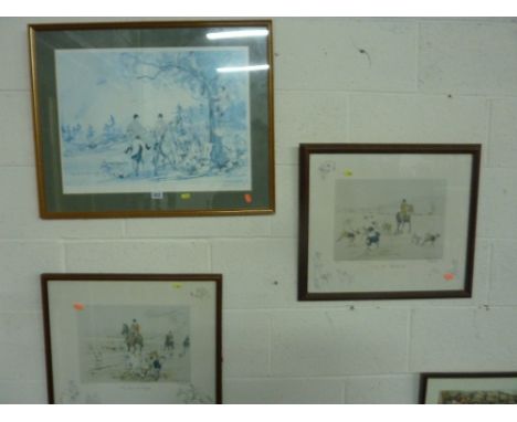 THREE FRAMED SPORTING PRINTS, The Quorn at Twyford No 402/500, approximately 43.5cm x 51cm and Away from Burrough Hall no 180