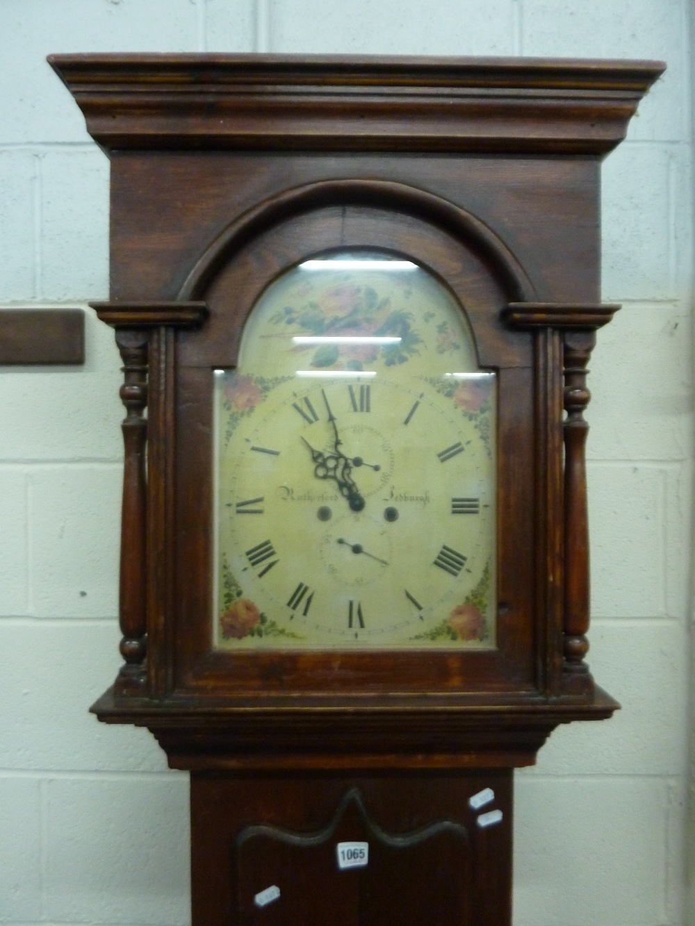 A MODERN STAINED PINE GRANDFATHER CLOCK, with arched painted face ...