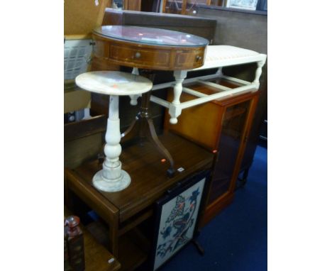 A TEA TROLLEY, small drum table, small marble pedestal table, firescreen, stool, a pair of Edwardian chairs and an hi-fi cabi