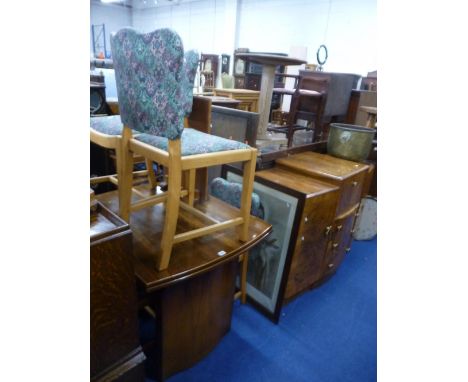 AN ART DECO STYLE WALNUT DRAW LEAF DINING TABLE AND FOUR CHAIRS, a cocktail sideboard, large picture and a firescreen (8)