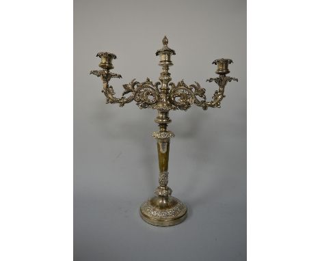 AN OLD SHEFFIELD PLATE STYLE TWO BRANCH THREE LIGHT CANDELABRUM, scrolling foliate branches