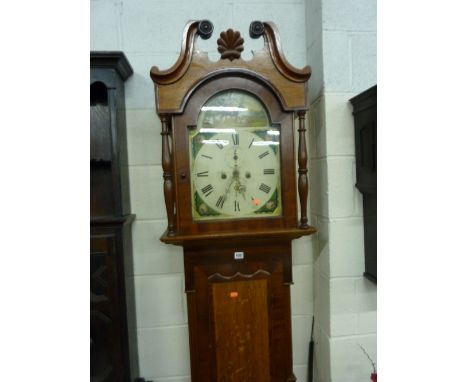 A GEORGIAN OAK AND MAHOGANY CASED GRANDFATHER CLOCK, thirty hour movement, the painted arched face with hunting scene, indist