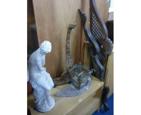 A BRASS HANGING HALL LANTERN, decorative figure, small console table etc (5)