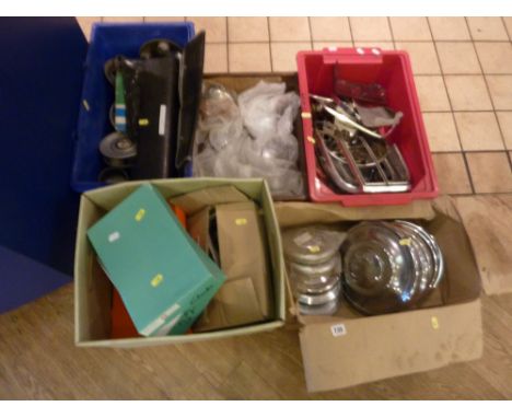 FIVE BOXES OF VINTAGE CAR TRIM, wheel trim, keys and badges