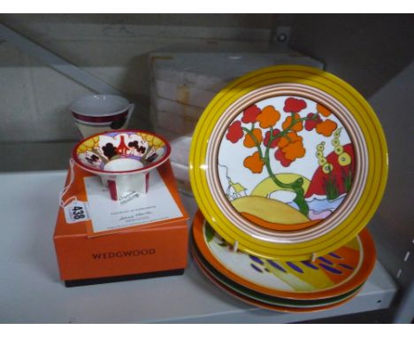 A BOXED WEDGWOOD CONICAL SUGAR, 'Latona Bouquet' from original design by Clarice Cliff (certificate), together with four boxe