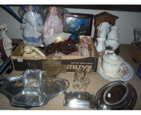 A BOX AND LOOSE PLATED WARES, CERAMICS, DOLLS, PICTURES, PELHAM 'FAIRY' PUPPET, TELEPHONE, etc (in aid of St Giles Hospice)