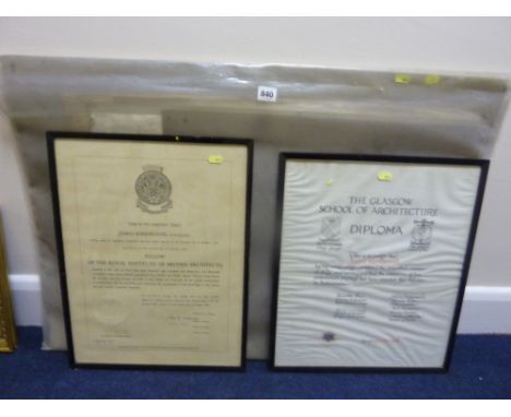 VARIOUS ARCHITECTURAL DRAWINGS, with framed diplomas etc 