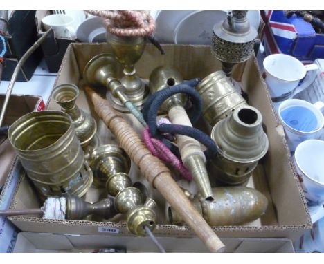 A BRASS HOOKAH PIPE, bases and bodies