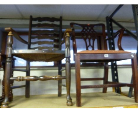A GEORGIAN MAHOGANY ARMCHAIR, with drop in seat and a rush seated ladder back armchair (2)