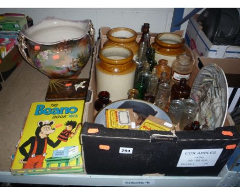 A BOX AND LOOSE STONEWARE AND GLASS BOTTLES, Kodak lantern plates, Beano books etc
