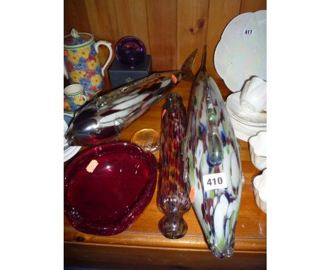 A BOXED CAITHNESS PAPERWEIGHT' 'Royal Wedding Monogram' 367/1500, two large glass fish, a glass rolling pin and two other gla