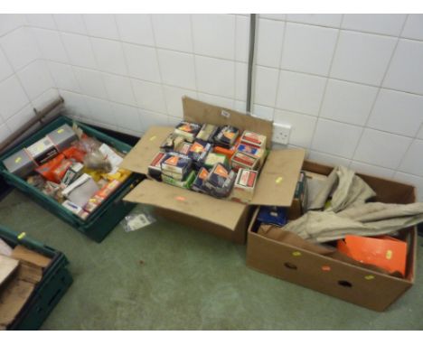 THREE BOXES OF CAR PARTS, for vintage cars including wheel cylinders, suspension struts etc