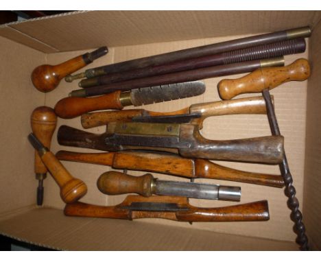 A SMALL BOX OF WOODWORKING TOOLS, etc
