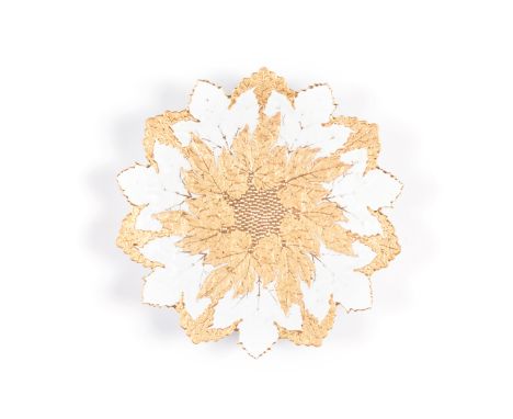 A MEISSEN PORCELAIN PLATE, 19TH CENTURY depicting leaves in relief, white with gilt highlights, blue cross sword marks29cm di