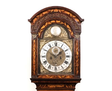 A DUTCH MARQUETRY LONGCASE CLOCK, JOOST GERD, HAGUE the 28cm brass dial with a silvered chapter ring with Arabic minutes and 