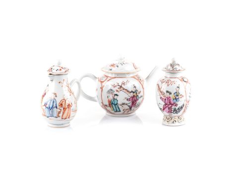 A COLLECTION OF CHINESE FAMILLE ROSE WARES comprising: a teapot, a milk jug and jar. all with associated covers, each similar