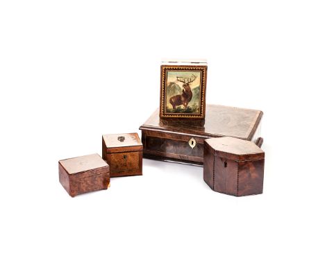A MISCELLANEOUS GROUP OF TREEN BOXES, 19TH CENTURY comprising: a rectangular burr walnut music box, a square burr walnut and 