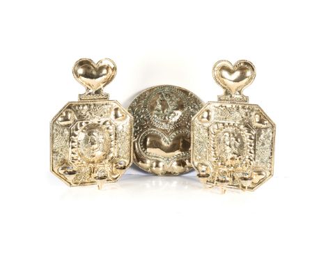 A PAIR OF REPOUSSE DUTCH SHEET BRASS THREE-LIGHT WALL SCONCES, LATE 18TH CENTURY with repousse heart decoration, 64cm high, 4
