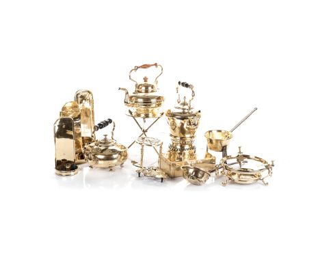 A MISCELLANEOUS GROUP OF BRASS ITEMS, LATE 19TH/EARLY 20TH CENTURY comprising:  Three Kettles, Three Wall Sconces (in sizes),