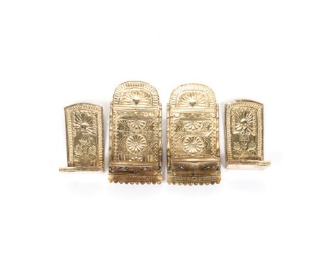A PAIR OF DUTCH REPOUSSE TWO-LIGHT SHEET BRASS WALL SCONCES, LATE 18TH CENTURY rectangular, moulded and decorated with flower