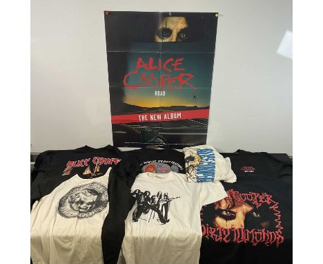 A group of ALICE COOPER music memorabilia comprising tour t-shirts, commercial T-shirts and a road crew t-shirt together with