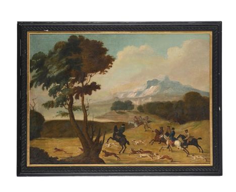 ENGLISH SCHOOL (18TH CENTURY) HUNTING IN A LANDSCAPE Oil on canvas 76 x 103cm (29¾ x 40½ in.)Provenance: The collection of Jo