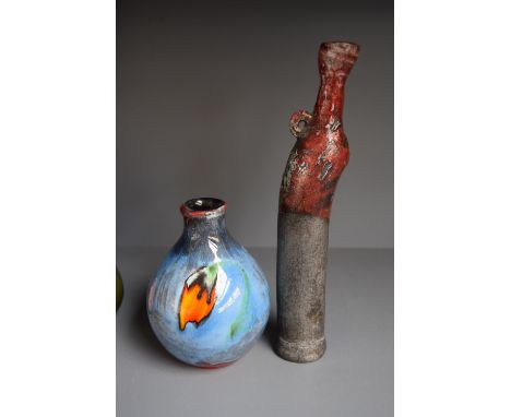 A Poole Pottery posy vase of green, blue, red and orange glaze design together with another studio pottery posy vase marked w