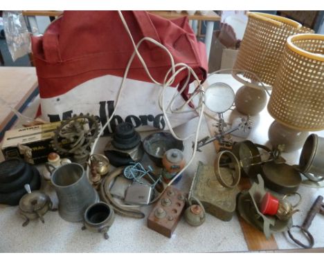 A box of miscellaneous brass items to include silver plated condiment pots, together with an Astral telescope in box and two 