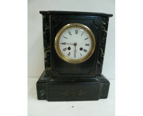 A late 19th/early 20th century black slate and marble mantle clock, enamel dial with Roman numerals,  28cmH